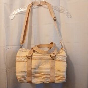 New Canvas Upholstery Mini Duffle Travel Bag Tan Sage embroidered Shoulder Cross